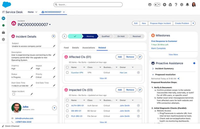 „Agentforce for IT Service kann Vorfälle bzw. Tickets automatisch erzeugen, zusammenfassen und erledigen. Das steigere die Produktivität des IT-Teams und wandle den Belegschafts-Support von reaktiv zu konversationsbasiert um. Die Lösung dafür ist Slack“, schreibt Salesforce.   (Bild: Salesforce / Matzer)
