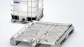 Eine zusätzliche Mittelkufe verleiht der neuen IBC-Stahlpalette von Schütz Stabilität. (Bild: Schütz)