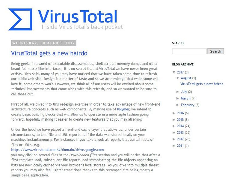 Blick in das VirusTotal-Blog mit der Info zum Redesign. (R. Dombach)