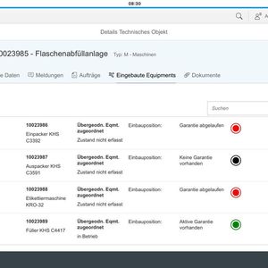 Opra-Mobile „Stammdaten“: So werden dem Benutzer die eingebauten Equipments eines technisches Objekts angezeigt.