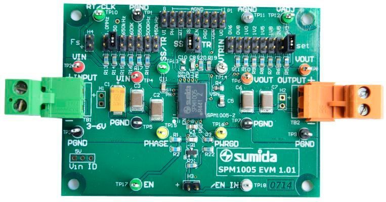 The SPM1005 module is designed for a maximum current of 6 A and 5 V/3.3 V input. Output voltages range from 5 V down to 0.6 V, covering all standard IC power rail requirements.  (Sumida)