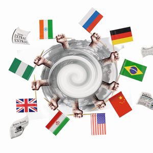 4. Szenario: Turbulente Zeiten   Der weltweit erstarkte Nationalismus hat die Welt deglobalisiert; populistische und autoritäre Regierungen haben Demokratie, freie Presse und unabhängige Justiz zurückgedrängt. Nationen streben verstärkt nach ihrem eigenen Vorteil. Es kommt zu Handelskriegen und zunehmendem Protektionismus. Folgen: In Industrie und Wirtschaft bilden sich nationale Champions; Unternehmen arbeiten verstärkt lokal und suchen noch mehr die direkte Nähe zu Kunden und Rohstofflieferanten.  Weitere Informationen zu den fünf Szenarien finden Sie auf der Homepage von Evonik.(Illustrationen: Dave Hänggi für Evonik)