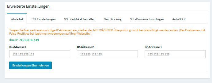 Auch die Pflege einer „White List“ ist möglich. Hier können-Adressen hinterlegt werden, die von der Security-Prüfung durch Net Wächter ausgenommen sind und somit ungehindert Zugriff auf die Webseite erhalten. Dies ist ggf. erforderlich, wenn der Webmaster spezielle Tools zur Pflege der Seite nutzt. (R. Dombach)