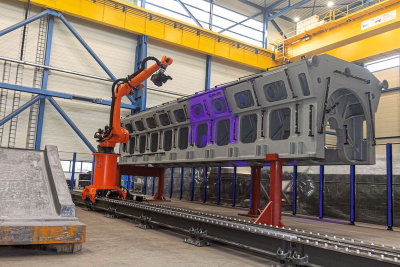 Der Messroboter vermisst einen tonnenschweren Schiffsmotor und erstellt einen digitalen Zwilling des Objekts(Bild:  Thomas Lammertz / Siempelkamp Giesserei)