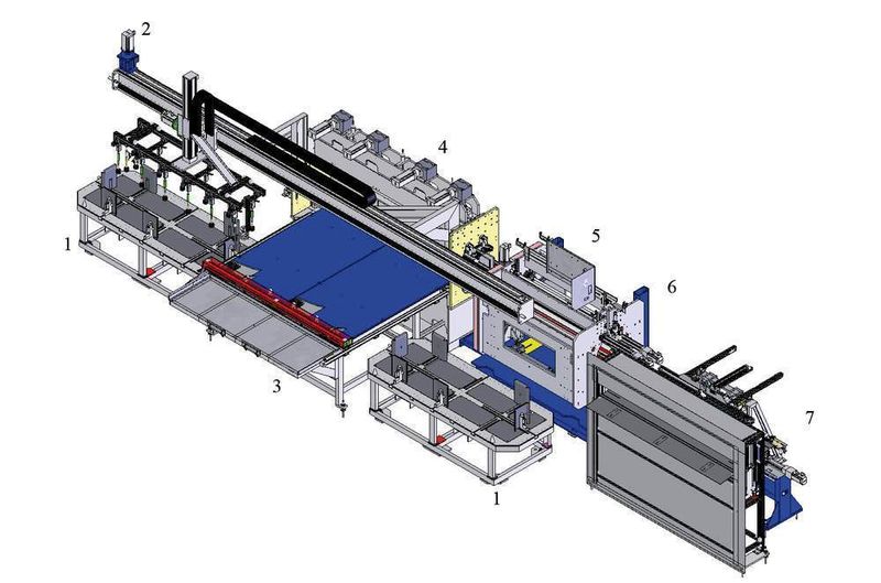 Bild 8: Schematischer Aufbau einer flexiblen Kurzrohrschweißanlage: 1 Blechstapel für Innen- und Außenrohr, 2 Abstapler, 3 Zuführtisch, 4 Multiwalzen-Runde-maschine, 5 Schweißstation, 6 Schweißwerkzeug, 7 Handling Innen-/Außenrohr zur Schiebestation. (Archiv: Vogel Business Media)