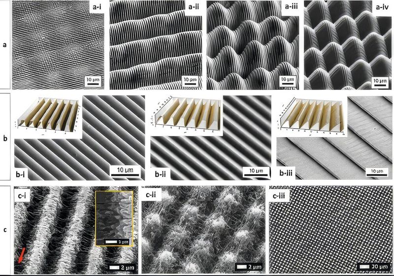 Bild 1:  Beispiele ausgewählter periodischer Mikro- und Nanostrukturen mittels DLIP [11]. (Bild: Nanophotonics)