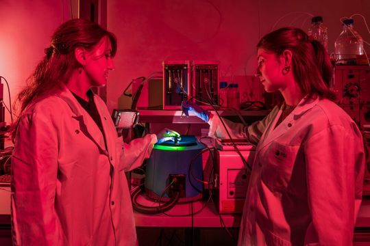 Arbeiten fernab vom Tageslicht: Um die Zapfenopsine nicht versehentlich zu aktivieren, führen die PSI-Forscherinnen Polina Isaikina (l,) und Sarah L. Schmidt ihre Experimente unter schwachem rotem Licht durch. Mit einem grünen oder blauen Laser können sie diese Proteine gezielt aktivieren.(Bild:  Paul Scherrer Institut PSI/Markus Fischer)