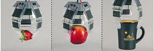 (Mit den mehrfach übereinander anordbaren „Taschen“ können unterschiedlich empfindliche Objekte mit einem Greifer sicher gefasst werden. Bild: N. Kellaris et al., Adv. Sci. 8, 2100916 (2021))