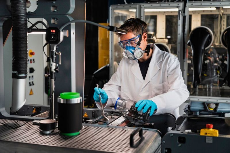 Hier gibt ein IWS-Forscher neues trockenes Ausgangsmaterial in die Drytraec-Anlage. Wenn die Walzen später  schnell rotieren, bildet sich ein feiner Beschichtungsfilm aus. So funktioniert die umweltfreundlichere Art der Batterielektrodenproduktion. (Fraunhofer-IWS)
