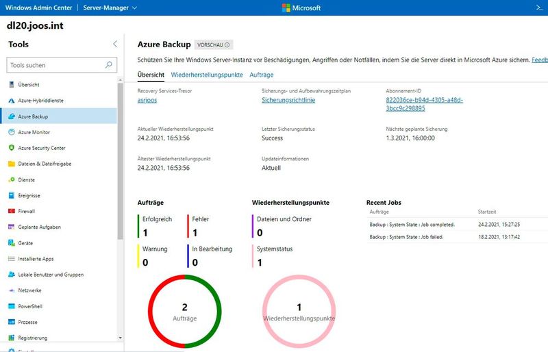Verwalten von Azure-Backup im Windows Admin Center. (Bild: Microsoft / Joos)