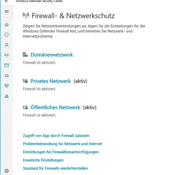 Im Windows Sicherheits-Center stehen Infos und Einstellungen für das Netzwerk zur Verfügung. (Joos / Microsoft)