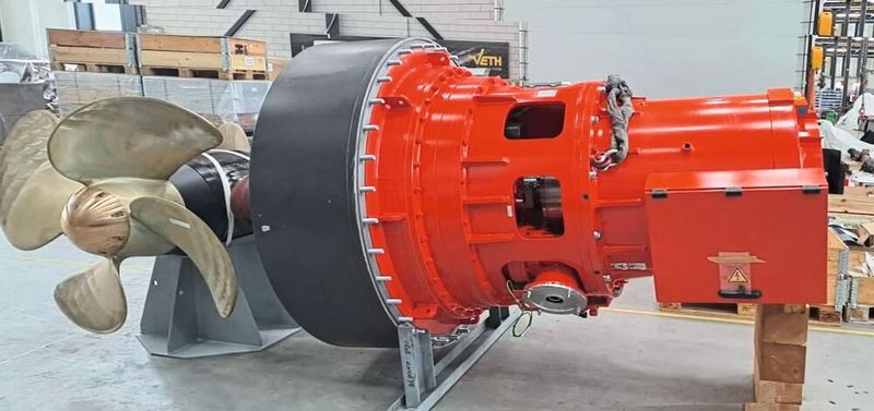 Thrusterantrieb 2025: Leistung [P] = 895 kW, Drehzahl [n] = 900 rpm, Wirkungsgrad [eta] = 98,1 % (Bild: Veth Propulsion)