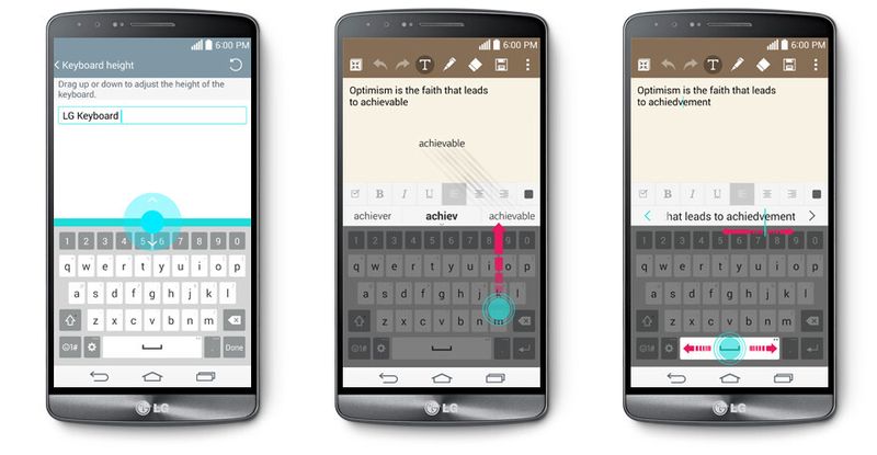Die Tastatur des LG G3 passt sich an individuelle Schreibgewohnheiten an, indem es beispielsweise angefangene Wörter über Gestensteuerung vervollständigt oder Korrekturen intuitiv annimmt. (Bild: LG)