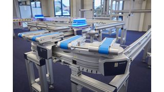 Das Transportsystem „montrac“ ist als Baukastensystem ausgeführt. Verschiedene Typen von Transport-Shuttles fahren auf einem verzweigten Monoschienensystem aus Aluminium. (Montratec)