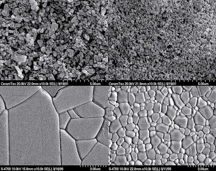 Bild 2: Je feiner das Pulver, desto kleiner ist die mittlere Korngröße des Keramikgefüges und desto höher ist die Festigkeit. Die Ausbildung hängt wesentlich von der Rohstoffgüte ab (REM-Aufnahmen). (Bild: Ceramtec)