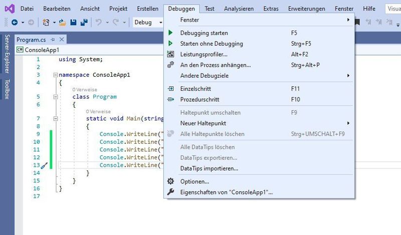 Über den Menüpunkt „Debuggen“ stehen verschiedene Optionen für das Ausführen des Programmcodes zur Verfügung. (Joos / Microsoft)