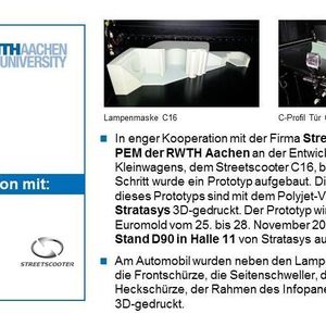 Bild 2: In Kooperation mit dem Unternehmen Streetscooter wurde ein Prototyp des Streetscooter C16 mit seinen Außenhautteilen erstellt. Der Prototyp ist mit dem Polyjet-Verfahren 3D-gedruckt und wird auf der Euromold 2014 ausgestellt.