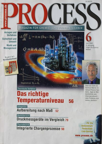 Juni 2002   Top Themen:  - Das richtige Temperaturniveau - Aufbereiten nach Maß - Druckmessgeräte - Integrierte Chargenprozesse (Bild: PROCESS)