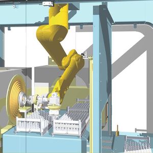 Automationslösung für das Strahlen von Werkstücken auf der Basis der Robax-Zelle von Handling Tech Automations-Systeme GmbH.