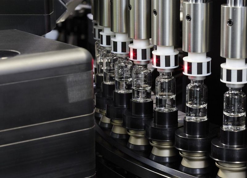 Die auf der Interpack 2014 vorgestellte AIM 8 Inspektionsmaschine für Vials prüft bis zu 450 Vials pro Minute auf Produktfehler und kosmetische Defekte am Behältnis, darunter Partikel in pharmazeutischen Flüssigkeiten sowie Kratzer und Flecken auf dem Behältnis. (Bild: Bosch Packaging Technology)