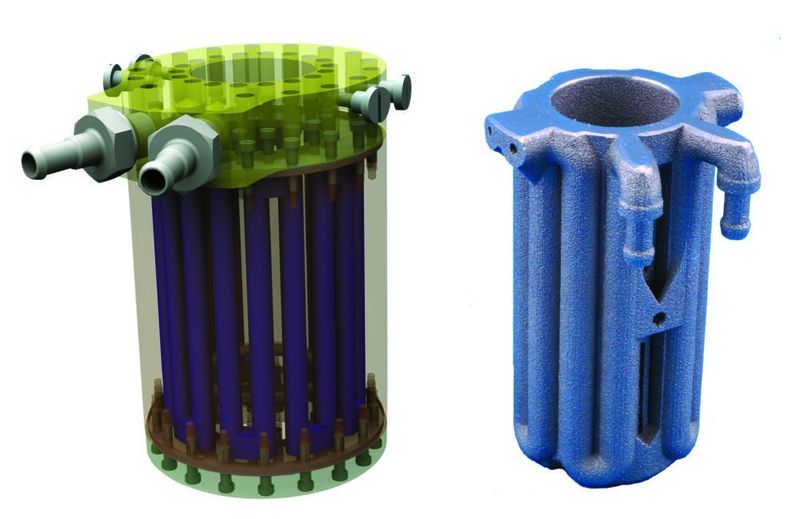 Bei der Bauteilkombination können, wie am Beispiel eines Temperiermoduls, ganze Baugruppen zusammengefasst und so Teileanzahl und Montageaufwand reduziert werden: links – konventionelle Baugruppe aus 78 einzelnen Elementen, rechts – Re-Design für AM als einzelnes Bauteil.  (Leutenecker-Twelsiek)