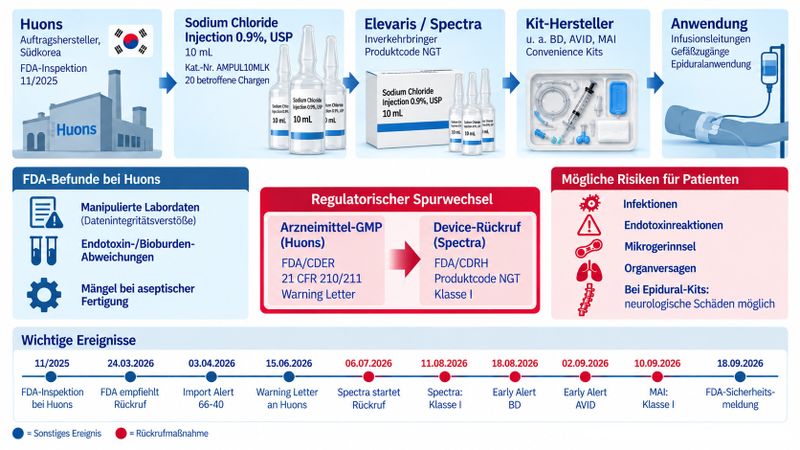 Rückrufkaskade bei Kochsalz-Spülampullen: Aus GMP-Mängeln beim Auftragshersteller Huons wurde ein Klasse-I-Rückruf bei Spectra – mit Folgen bis in die Convenience Kits von BD, AVID und Medical Action Industries.(Redaktion Devicemed, KI-generiert, nach FDA, Stand September 2026)
