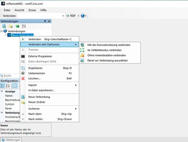 Mit mRemoteNG können verschiedene Verbindungen mit unterschiedlichen Protokollen zu Netzwerkgeräten aufgebaut werden. (Bild: Joos - mRemoteNG)