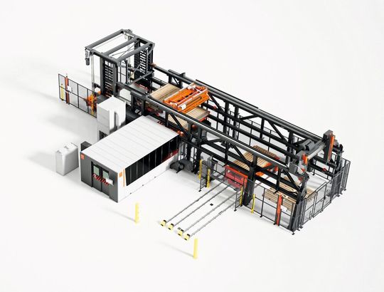 Bystronic präsentiert auf der Euroblech keine isolierten Technologien, sondern vernetzte Produktionslösungen: «ByCut 3015» mit «ByTrans Modular», «BySort» und «ByTower Cross».(Bild:  Bystronic)