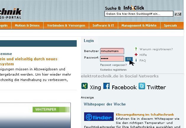 Und so funktioniert‘s: Auf elektrotechnik.de im Login-Feld einloggen ... (Archiv: Vogel Business Media)