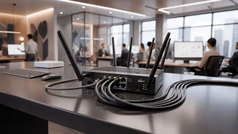 Der Balance 310 5G kombiniert Routing, 5G-Anbindung und acht PoE+-Ports mit 240 Watt Gesamtleistung in einem lüfterlosen Chassis. Über native Docker-Unterstützung laufen Edge-Dienste direkt auf dem Gerät. (Bild:  Peplink)