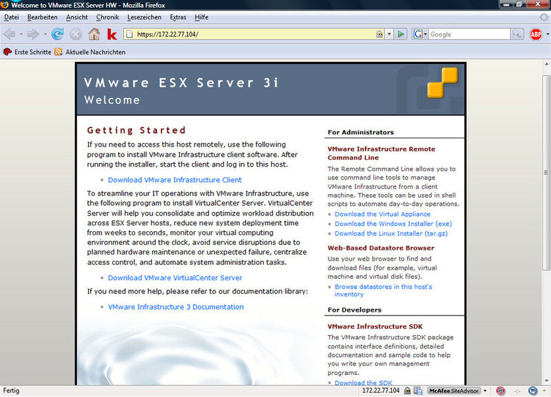 Das Web-Interface des ESX-Servers bietet neben einem Download-Link für den VI Client im Wesentlichen allgemeine Informationen (Archiv: Vogel Business Media)