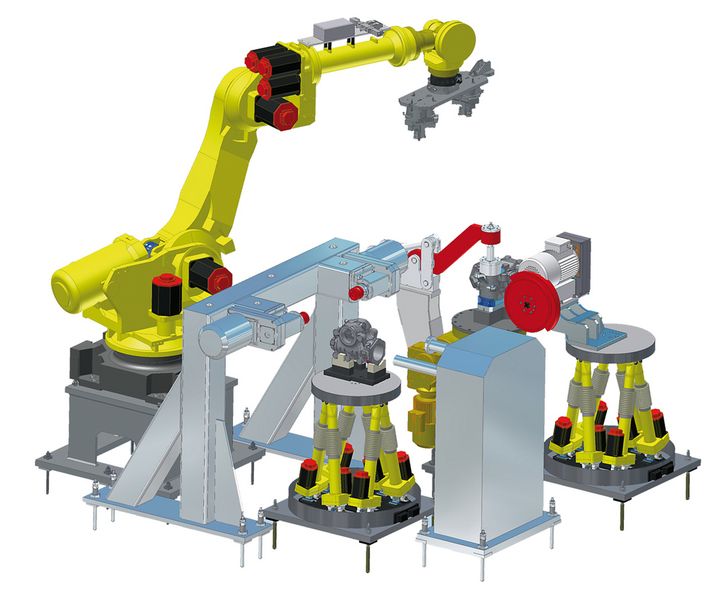 Bild 3: Entgratzelle für Lenkgehäuse mit zwei Hexapod-Robotern. (Archiv: Vogel Business Media)