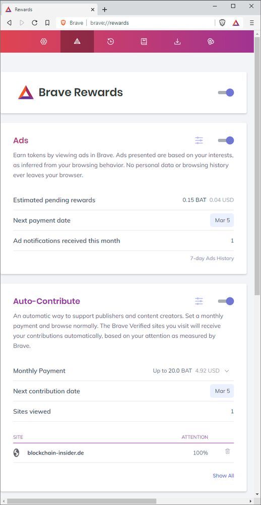 Der quelloffene Webbrowser Brave unterstützt Web-Publisher und Content-Creators mit einem eigenartigen Modell der Monetarisierung; der Browser vergütet die Aufmerksamkeit der Web-Besucher durch die Vergabe der sogenannten „Brave Rewards“ in Form von BAT-Token, welche der Nutzer an seine bevorzugten Website-Betreiber ausschütten lassen kann.(Bild:  Brave)