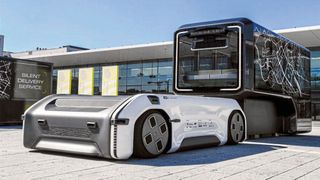 Modulares Fahrzeugkonzept: Das Fahrgestell des Prototyps fährt unter die Nutzeinheit. (Bild: Neff Gewindetriebe)