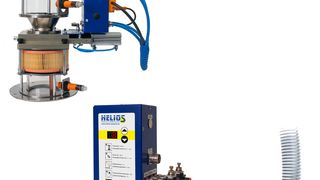 Heliomix-S – Zwei-Komponenten-Fördergerät mit Entstaubung, dazugehöriger Steuerung und separatem Staubsammelfass (Bild: Helios)