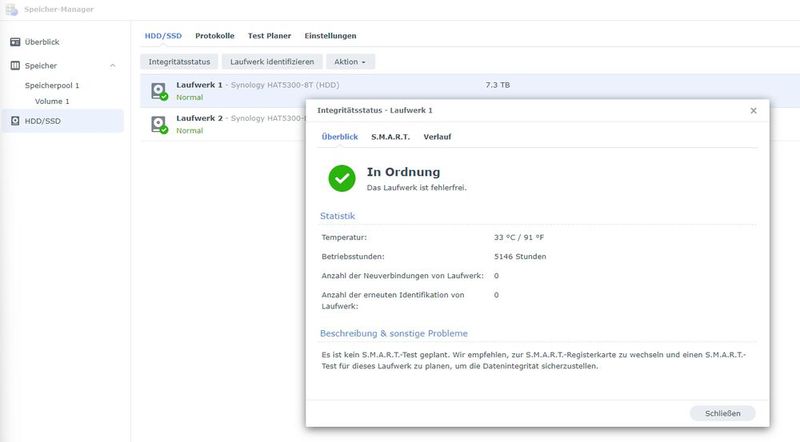 Überprüfen der physischen Laufwerke eines Synology-NAS. (Bild: Joos - Synology)