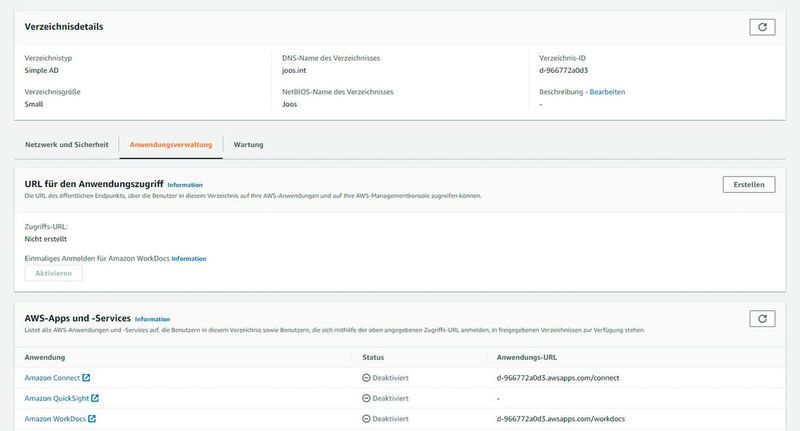 Die Anwendungsverwaltung in einem Simple AD-Verzeichnis. (Bild: Joos / Amazon Web Services, Inc)