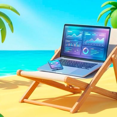 Ein Laptop am Strand ersetzt nicht die gewohnte Absicherung aus dem Büro. Wer vor der Abreise Passwörter, Updates und Backups prüft, schließt die größten Einfallstore von vornherein. (Bild: Gemini / KI-generiert)