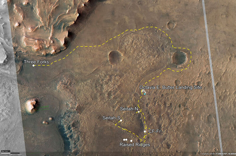 Entstation Three Forks: Dieses Bild des Kraters Jezero zeigt die Routen für die erste und zweite Wissenschaftskampagne von „Perseverance“ (gelbe Striche).