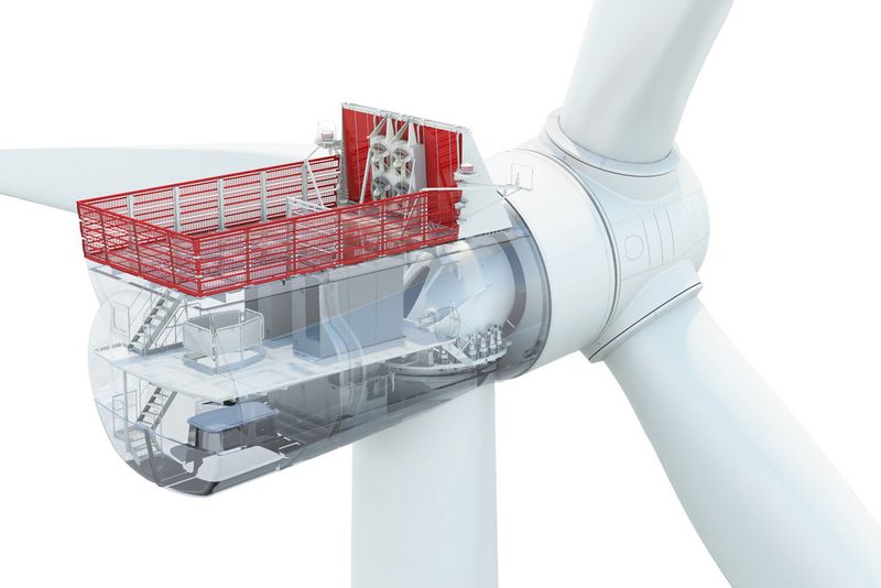 Die transparente Darstellung der Siemens D7 Windturbine zeigt den geräumigen Innenraum des Maschinenhauses. Auf zwei Ebenen bietet er Technikern bequemen Zugang zu sämtlichen Anlagenkomponenten. (Bild: www.siemens.com/press)