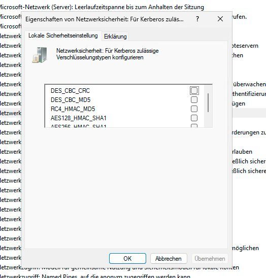In den Eigenschaften der Richtlinie legt der Administrator per Kontrollkästchen fest, ob der Rechner DES_CBC_CRC, DES_CBC_MD5, RC4_HMAC_MD5, AES128_HMAC_SHA1 oder AES256_HMAC_SHA1 für Kerberos nutzen darf. (Bild: Thomas Joos)