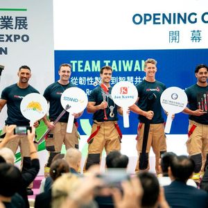 Representatives from the Australian Firefighters Calendar take the stage at the opening ceremony holding Taiwan-made professional tools, highlighting the exceptional reliability and disaster-resilience applications of Taiwanese hardware from a frontline user perspective. Showcased on stage from right to left are: A-Kraft's KH3300 Air Ratchet Handle, Easen Hardware's Special Open-End Wrench, Jun Kaung's Lightweight Hand Puller, Stand Tools' Industrial Digital Torque Wrench, and Sunny Box's Adjustable Weeding Knife.(Source:  Lanza International)