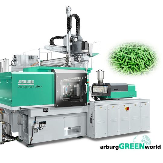 Sustainability on show: in the Arburg Green world pavilion in the VDMA Circular Economy Forum, an electric Allrounder 370 A with recyclate package produces “Greenline” plugs from Fischer. Sustainability on show: in the Arburg Green world pavilion in the VDMA Circular Economy Forum, an electric Allrounder 370 A with recyclate package produces “Greenline” plugs from Fischer.