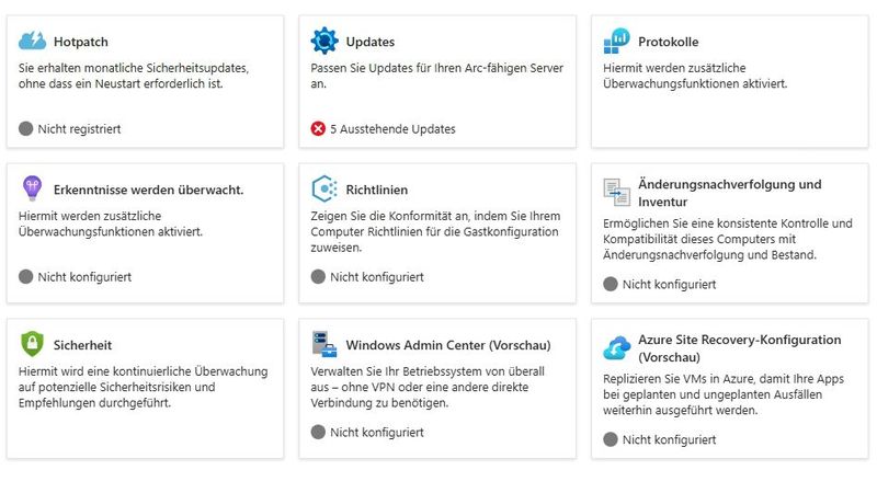 Nach der Azure Arc-Anbindung lassen sich zahlreiche Dienste aus Azure nutzen, auch Protokollierung und Überwachung.(Bild:  Joos - Microsoft)
