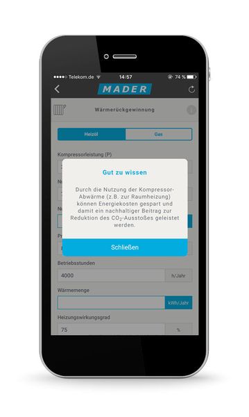 Mit der App Mader Calculat-Air können schnell und einfach Druckluftkennzahlen berechnet werden.
 (Mader)