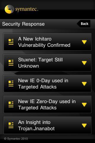 Symantec (2): Über die Symantec iPhone App erhält man Zugriff auf das Security Blog von Symantec und Bedrohungsanalysen der Sicherheitsexperten. (Archiv: Vogel Business Media)