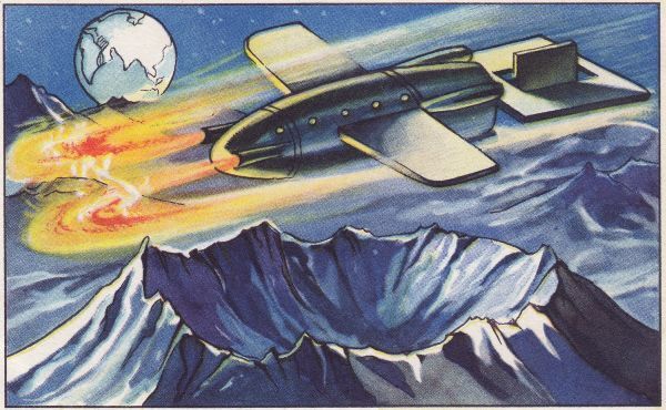 Landung des Raumschiffes auf dem Monde: Ist das nicht verkehrt gezeichnet? Müssen sich die Raketen nicht am Heck des Schiffes entzünden und ihr Feuer nach hinten ausspeien? Nein, es hat schon seine Richtigkeit! Das Schiff ist bei der Landung, und deshalb hat man die Bremsraketen zur Explosion gebracht und die rasende Schnelligkeit plötzlich herabgemindert. Nun kann man bequem die Landung auf dem Monde vornehmen. (Echte Wagner, retro-futurismus.de)