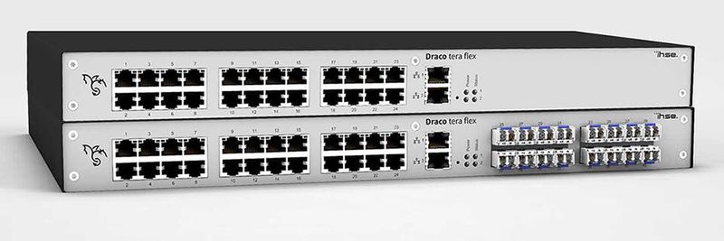 IHSE hat die 24- und 40-Port-Switches der Draco-Tera-Flex-Serie mit 1 HE für den Einbau in 19-Zoll-Racks entwickelt.(Bild:  IHSE)