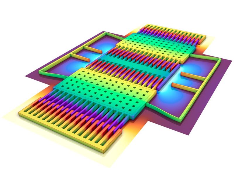 Ein Gyroskop, das die gemischte Finite-Elemente-Formulierung für genauere Berechnungen elektrostatischer Kräfte verwendet. (Bild: COMSOL Multiphysics GmbH)
