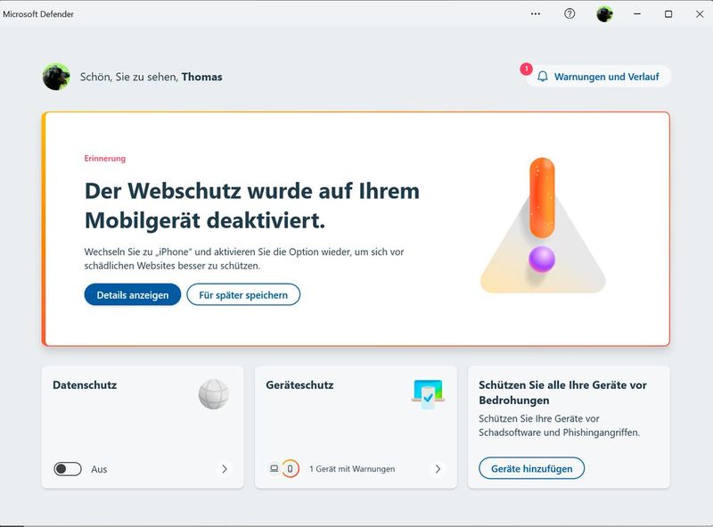 Das Dashboard von Microsoft Defender for Individuals zeigt Probleme auf angebundenen Geräten zentral an. (Bild: Joos)